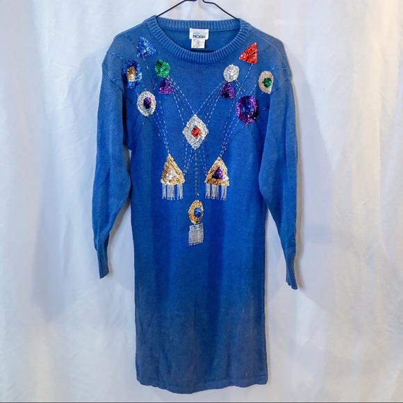Vintage 80s Sequin Blue Sweater Dress - Picture 9 of 16